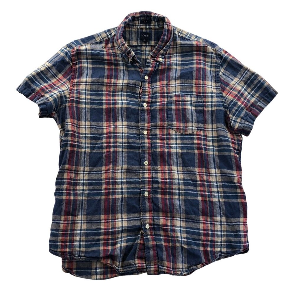 J.Crew Mens Shirt Size XL Short Sleeve Slim Fit Plaid Button Down Linen Blend